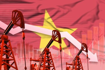 lowering down chart on Vietnam flag background - industrial illustration of Vietnam oil industry or market concept. 3D Illustration