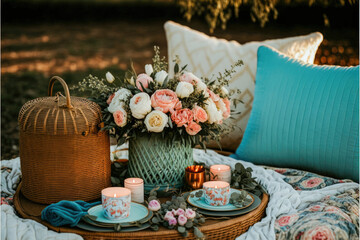 a Valentines day boho picnic with soft blush and warm florals, candles, and rattan, AI assisted finalized in Photoshop by me 
