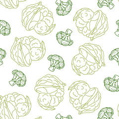doodle pattern seamless with vegetables, cauliflower and broccoli baner for store rela, handmade healthy food poster on white background with green and light green lines.