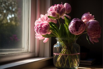  a vase of pink flowers sitting on a window sill next to a window sill with a book on the window sill behind it and a bookcase behind it, and a window.