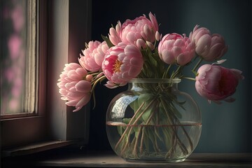  a vase filled with pink flowers sitting on a table next to a window sill with a window sill in the background and a window sill behind it, and a window sill with a.