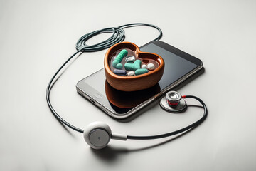 Fototapeta na wymiar E-Health concept: Illustration of medication pills on a smartphone handy on white background. Generative ai