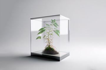 Illustration of a plant in a glass box showcase on white background. Generative ai