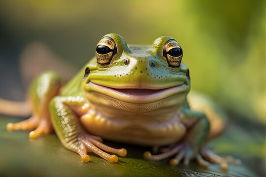 Illustration of a green frog in front of nature background. Generative ai