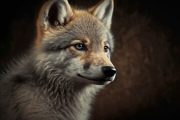 Fototapeta na wymiar Gray wolf cub in forest. Digital artwork 