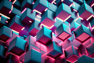 Abstract faceted pink and blue glowing neon light background. Square tiles, modern geometric texture, cyber network concept. Digital art	