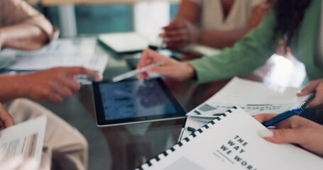Planning, documents and hands of business people in meeting for marketing, strategy and goal. Project management, teamwork and idea with employees in workshop for data analytics, growth and tablet