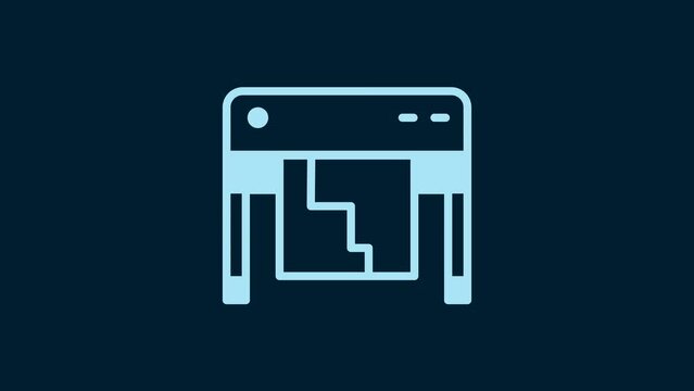 White Plotter icon isolated on blue background. Large format multifunction printer. Polygraphy, printshop service. 4K Video motion graphic animation