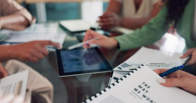 Planning, documents and hands of business people in meeting for marketing, strategy and goal. Project management, teamwork and idea with employees in workshop for data analytics, growth and tablet