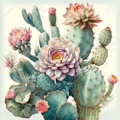 cactus, flowered, very light and dull pastel, water color, vintage art style, art deco, vintage, boho style, seamless, AI assisted finalized in Photoshop by me 
