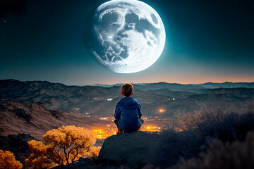 Boy sit alone on a hill  moon night background Generative AI - obrazy, fototapety, plakaty