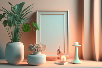 Frame mockup in interior.Elegant working space. Picture frame mockup. Generative AI
