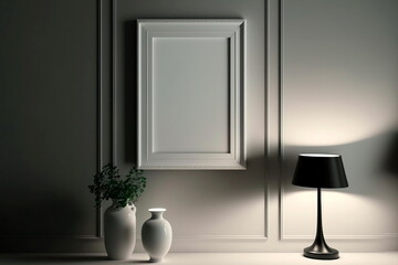 Mockup white frame in interior background, room in black colors. Generative AI