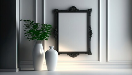 Mockup white frame in interior background, room in black colors. Generative AI