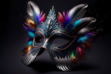 Silver carnival mask on black background. Generative AI