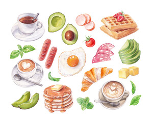 Watercolor breakfast food collection. Hand drawn waffles, pancakes and fried egg with avocado. Cup of tea and latte coffee on white 