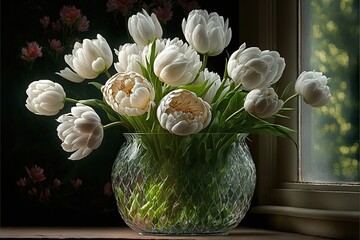  a vase filled with white flowers on top of a table next to a window sill with a green plant in it and a window behind it and a dark background with flowers in the.