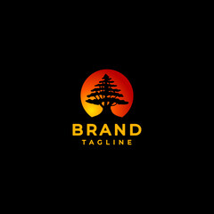 Silhouette of Trees in Sunrise Circle Symbol Design. Tree Silhouette With Sunrise Scheme Logo Design.