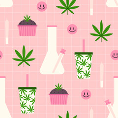 Cannabis leaf, bong and edibles. Seamless pattern - 561433930