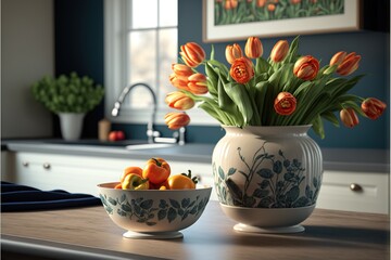  a vase with orange flowers and apples in it on a counter top next to a bowl of apples and a sink with a window in the background and a blue wall with a picture above.