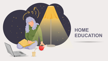 A girl with a book on her lap takes an apple in her hand a flat color illustration in the style of a doodle
