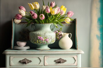  a vase of flowers on a dresser with a pitcher of flowers on it and a plate on the side of the dresser with a cup on it and a plate on the side of the dresser.