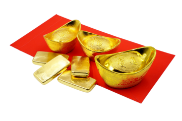 Traditional chinese gold ingots or bullion nugget with 4 chinese words Zhao Cai Jin Bao mean wish you wealth and success with gold bars and red envelope