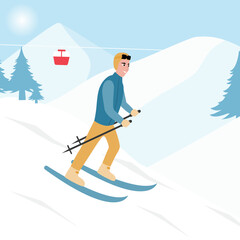 Young man riding on skis design vector flat isolated illustration