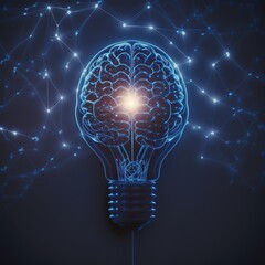 A Futuristic Illustration of a Human Brain Inside a Lightbulb Connected by Glowing Dots, Isolated on a Dark Blue Background - A High-tech and Visionary Representation of Brain and Technology