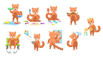 Big Set Abstract Collection Flat Cartoon Different Animal Red Pandas Vector Design Style Elements Fauna Wild