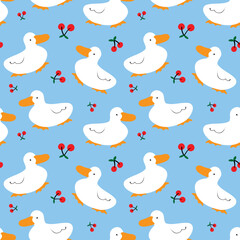 Seamless Pattern with Cartoon Duck and Cherry Design on Blue Background