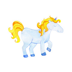 Magical mythical unicorn. Fairy tale animal jolly unicorn. Watercolor illustration for kids