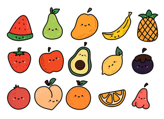 Set of fruits: watermelon, pear, mango, strawberry, apple, avocado, pomegranate, peach, orange, banana, pineapple, orange slice, lemon, mangosteen, rose apple