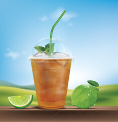 Fresh ice tea in plastic glass with straw.illustration vector