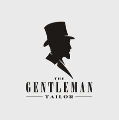 Beard Man with Lincoln Victorian Felt Top Hat Silhouette for Gentleman Fashion Boutique Tailor Logo Design