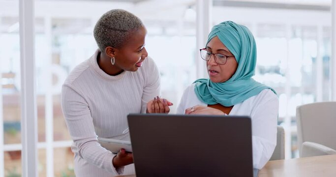 Laptop, office and manager helping an employee with a business report in the modern office. Discussion, corporate and African leader consulting a muslim female worker on a computer in the workplace.