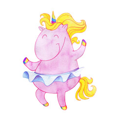 Cartoon pink rainbow dancing unicorn ballerina. Magical fairy tale horse. Watercolor illustration for children