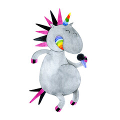 Cartoon unicorn punk musician with a microphone. Funny magical fairy tale horse.  Watercolor illustration for kids