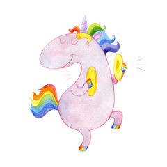 Cartoon dancing pink unicorn with rainbow mane. Funny magical fairy tale horse. Watercolor illustration for kids