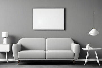 Empty White Mockup Poster Above Sofa in Modern Living Room - 3D Illustration, AI