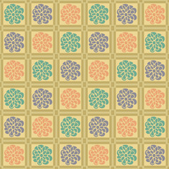 Japanese Flower Motif Plaid Vector Seamless Pattern
