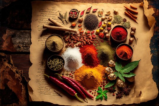 A variety of colorful, dried, vibrant Indian food spices on a rustic ceramic background laid out around a vintage piece of paper in the center of the image. Generative AI