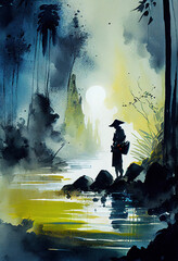 Rear view of a man wearing traditional Vietnamese clothes and conical hat, walking at the river in the mountains.. Abstract minimalist painting. Generative art