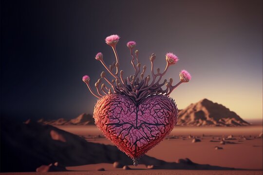 cracked pink heart growing flowers in the desert