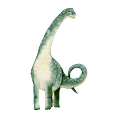 Watercolor brachiosaurus green dinosaur. Hand drawn illustration of Jurassic ancient animal isolated on white background