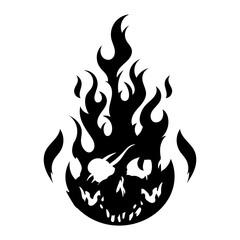 Burning skull on fire, black icon illustration. Gothic design for prints. Comic style. T-shirt print for Horror or Halloween. Hand drawing illustration isolated on white background.Vector EPS 10