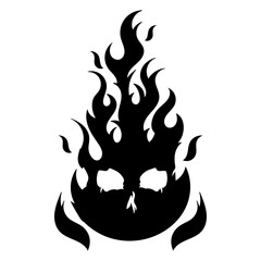 Burning skull on fire, black icon illustration. Gothic design for prints. Comic style. T-shirt print for Horror or Halloween. Hand drawing illustration isolated on white background.Vector EPS 10