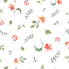 Watercolor seamless pattern with  abstract red  flowers,  berries, green leaves, branches, . Hand drawn floral illustration isolated on white background. For packaging, wrapping design or print.