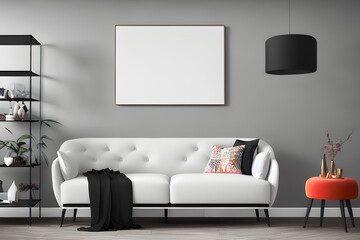 Modern Living Room Interior with Empty White Mockup Poster Above Sofa - 3D Illustration, AI
