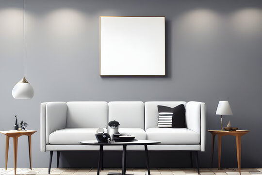 3D Illustration of Empty White Mockup Poster Above Sofa in a Modern Living Room, AI